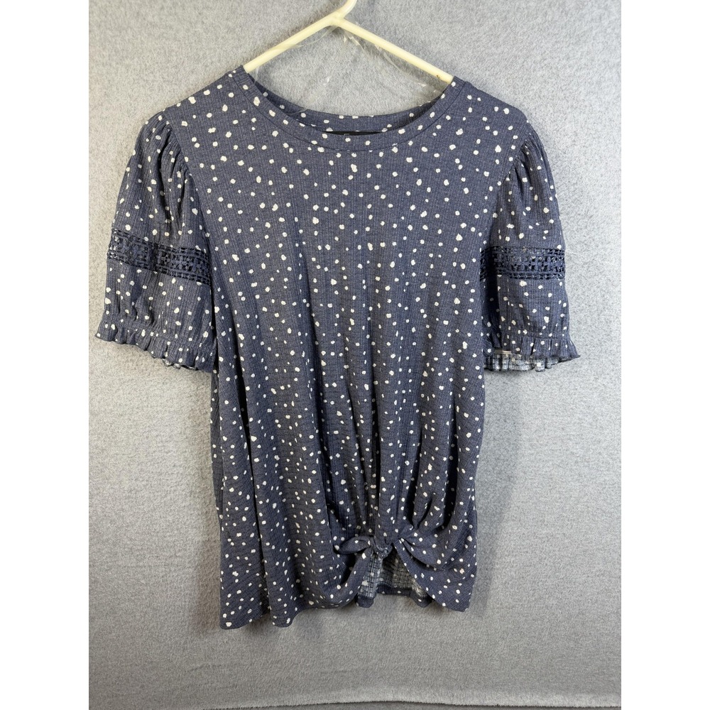 Fred David Shirt Womens Large Blue Polka Dot Puff Sleeve Tie Front Knit Top